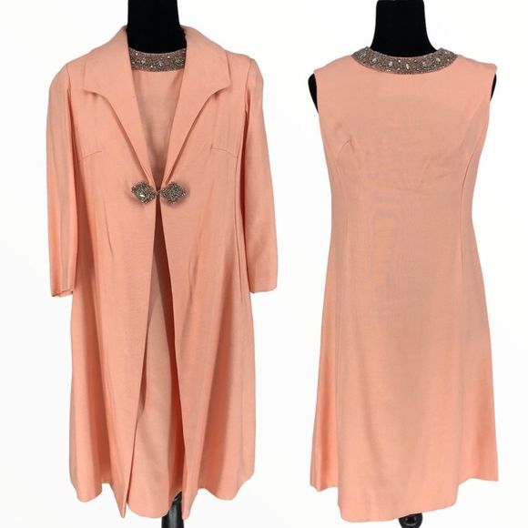 60’s Vintage 2 Piece Peach Sleeveless Rhinestone Beaded Collar Dress and Jacket - Picture 1 of 15